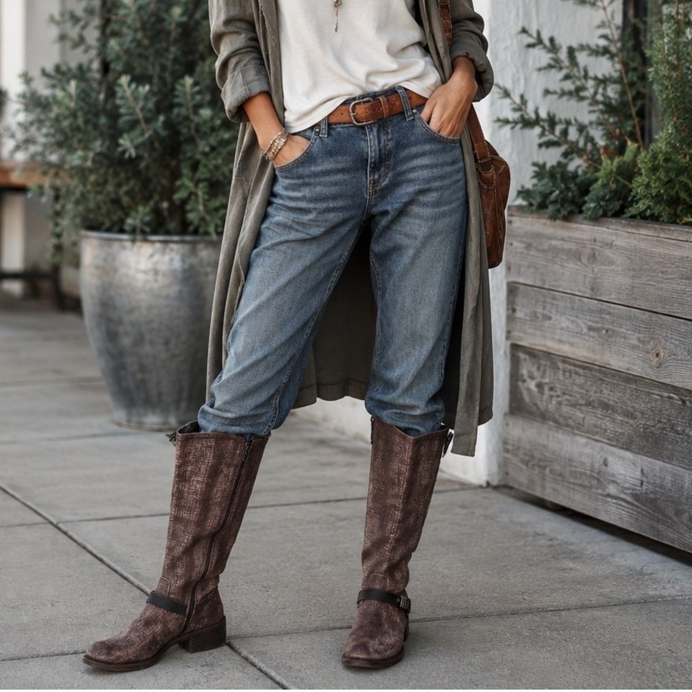 OTBT Distressed Textured Tall Moto Boots Studded Buckle Side Zip Knee High